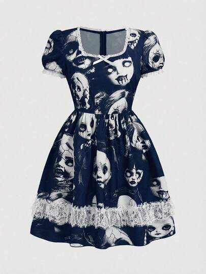ROMWE Gothic Dark Witch Lace Patchwork Doll Print Short Dress For Women