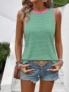 EMERY ROSE Women's Casual Round Neck Sleeveless Contrast Trim Striped Print Pattern Tank Top - Multicolor - View 4