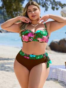 Swim Lushoire Bộ đồ bơi nữ cỡ lớn 2 mảnh in họa tiết cây nhiệt đới ngẫu nhiên, áo bất đối xứng có bèo nhún và quần tam giác cạp cao, thích hợp cho kỳ nghỉ và mặc hàng ngày. - màu nâu - Xem 3