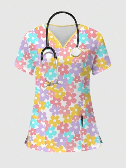 TaskEZ Colorful Floral & Plant Cartoon Print Nurse Uniform Top, Fashion V-Neck Short Sleeve Scrub Top, Women Healthcare Uniform