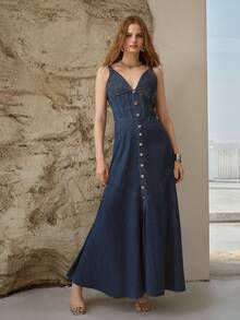 MOTF PREMIUM DENIM FOLD PLEATED BUST SLIP DRESS, SPRING/SUMMER - Dark Wash - View 1