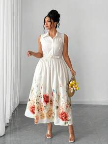 Elenzga Plus Size Women Elegant White Floral Print Ruffle Collar Party Dress,Summer Vacation Holiday Sundress,Garden Bachelorette Party Spring Dress - Multicolor - View 8