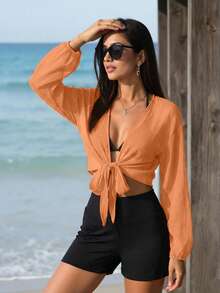 Swim Vcay Minimalist Solid Color Tie-Up Short Kimono Cover Up, Suitable For Beach Vacation - Orange - View 1