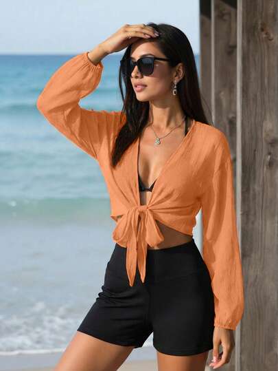 Swim Vcay Minimalist Solid Color Tie-Up Short Kimono Cover Up, Suitable For Beach Vacation