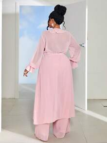 Maweii Plus Size Women Deep V-Neck Ruffle Hem Long Top And Wide Leg Pants Casual Suit Fall - Dusty Pink - View 6
