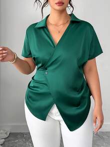 Elenzga 时尚休闲法式复古优雅通勤系带V领束腰衬衫，春夏款 - 綠色 - 查看 3