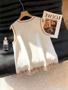 GlowEve Women's Summer Woven V-Neck Sleeveless Faux Embroidered Print Fitted Casual Elegant Versatile Blouse - Multicolor - View 2