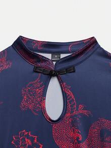 Chiquease 女士印花短袖优雅连衣裙 - 藏蓝色 - 查看 3