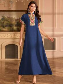 Al Najma Embroidered Collar Floral Raglan Sleeve Stand Collar Elegant Dress - Royal Blue - View 3