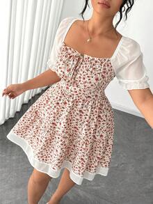 Vestido corto de estilo francés para mujer de talla grande, con nuevo diseño de verano, cuello cuadrado, mangas de pétalos de gasa, cintura ceñida y ajuste delgado - Rosa - Ver 7