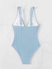 Swim Basics 女士纯色V领休闲度假沙滩泳池连体泳衣 - 藍色 - 查看 6