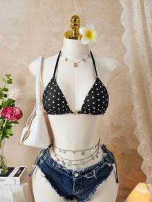 Zestiva Summer Beach Vacation Women Black Base Polka Dot Print Halter Top - Black and White - View 1