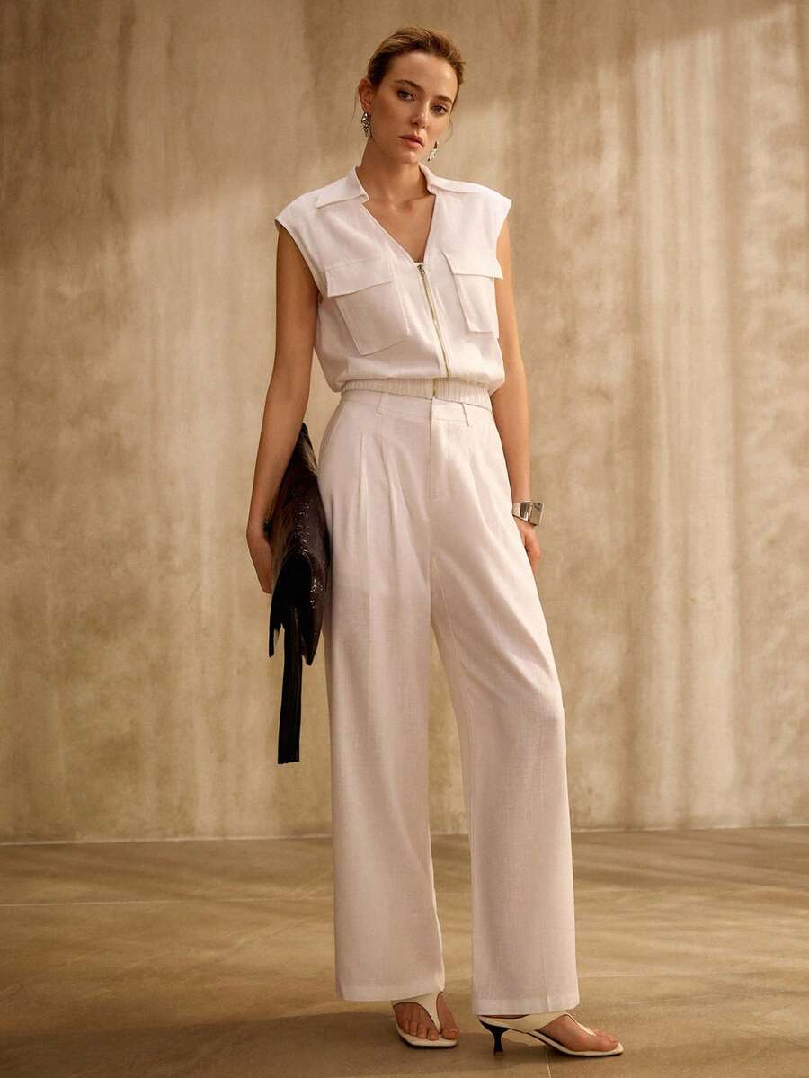 MOTF PREMIUM WOMEN'S WHITE SLEEVELESS LOOSE ZIP ELASTIC WAIST ELEGANT COMMUTER BLAZER - White - View 1