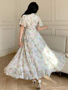 Modelyn 女士系带腰部褶皱雪纺印花喇叭连衣裙 - 彩色 - 查看 2