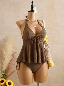 Bellisia 女士休闲度假波点纹理面料吊带比基尼上衣 - 咖啡棕 - 查看 4