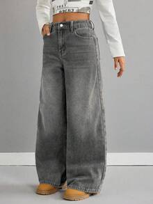 Quần jeans ống rộng cạp thấp màu xanh cổ điển dành cho bé gái tuổi teen - Xám - Xem 5