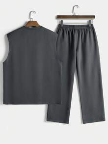 Manfinity Homme Men's Vest And Pants Set, Slim Fit, Grey Vest Set, All-Match Style, Suitable For Daily Wear, Casual And Versatile - Dark Grey - View 3