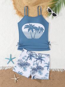 少女热带棕榈树印花吊带背心式泳衣，上衣侧边饰有荷叶边和蝴蝶结，搭配热带棕榈树印花泳裤，两件套泳装，时尚休闲优雅，适合游泳、夏季度假、海滩、泳池、节日派对等场合。 - 彩色 - 查看 5