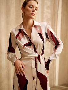 MOTF PREMIUM GEOMETRIC COLOR BLOCK PRINT LONG SLEEVE SHIRT DRESS, VINTAGE STYLE, SPRING/SUMMER - Multicolor - View 2