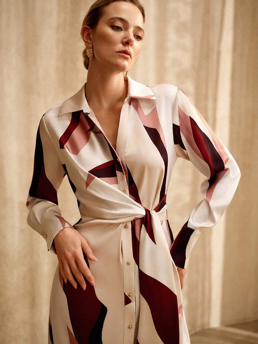 MOTF PREMIUM GEOMETRIC COLOR BLOCK PRINT LONG SLEEVE SHIRT DRESS, VINTAGE STYLE, SPRING/SUMMER - Multicolor - View 2