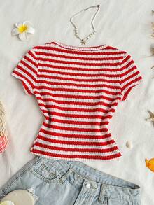 Sunnyshic Women's Red & White Striped Knit Jacquard Fabric V-Neck Short Sleeve Fitted Cropped T-Shirt, Elegant Casual Vacation Outfit, Spring/Summer - Red and White - View 2