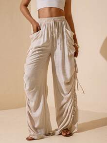 Vesra 女士纯色抽绳腰带口袋褶皱休闲百搭日常裤 - 杏色 - 查看 3