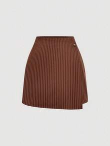 SHEIN MOD 大码女式条纹休闲百搭通勤迷你裙 - 棕色 - 查看 5