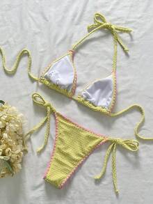 Swim Mod Women's Jacquard Fabric Halter Neck Shell Trim Bikini Set, Spring/Summer - Yellow - View 3