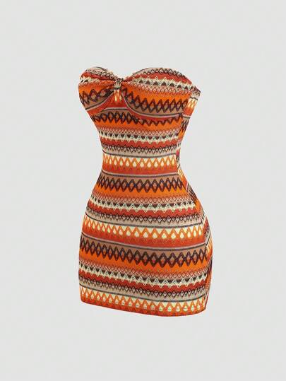 Sweetra Women's Orange Wavy Striped Woven Tube Top Knot Design Backless Fitted Bodycon Summer Dress, Sexy Boho Beach Resort Style