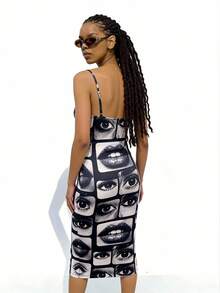 Slouenne Slouenne Đầm dệt kim in kỹ thuật số dài đến đầu gối, dây đeo có thể điều chỉnh, dành cho nữ, mùa hè. - màu đen - Xem 2