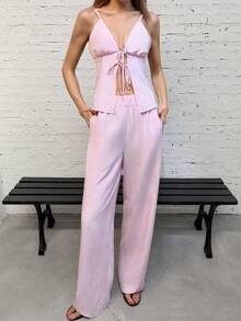 SHEIN Unity 2pcs Striped Cami Tank Top And Wide Leg Pants Set For Women - Pink - View 3