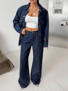 SHEIN Denim Woman Two Pieces Set High Waist Denim Jean And Denim Belted Jacket - Dark Wash - View 7