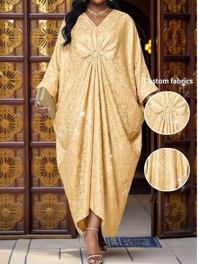 SHEIN Lady Spring And Summer Elegant Modest Party Wedding Valentine's Day Cocktail Party Concert/Music Festival Colorful Blue Sparkly Woven Jacquard Notched Ball Gown Split Batwing Sleeve Gold Button Tunic Plus Size Dresses