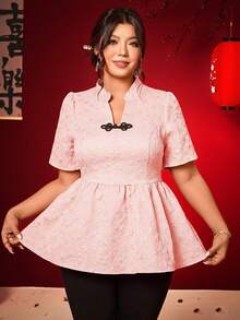 Elenzga 大码女式V领褶皱休闲百搭日常短袖衬衫 - 粉色 - 查看 8