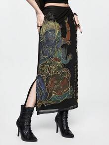 Goth Chinese Style Deity Flame Headdress Dharma Wheel Sutra Text Print Women's Skirt - Black - View 4