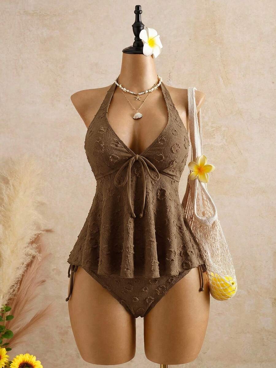 Bellisia 女士休闲度假波点纹理面料吊带比基尼上衣 - 咖啡棕 - 查看 1