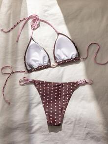 Swim Mod Bộ bikini hai mảnh buộc dây cổ in họa tiết chấm bi dành cho nữ, thích hợp cho bãi biển và khu nghỉ dưỡng, mùa xuân/hè. - Nhiều màu - Xem 2