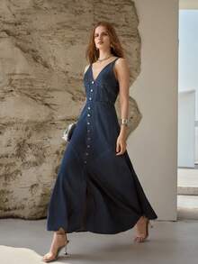 MOTF PREMIUM DENIM FOLD PLEATED BUST SLIP DRESS, SPRING/SUMMER - Dark Wash - View 7