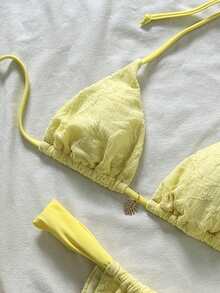 Swim Mod Women's Jacquard Fabric Halter Bikini Set, Spring/Summer - Yellow - View 4