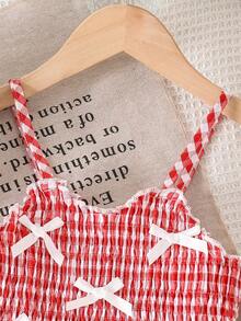 SHEIN 少女休闲可爱清新田园风蝴蝶结荷叶边格子吊带连衣裙 - 紅色 - 查看 4