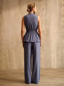 MOTF PREMIUM 2PCS WOMEN'S CASUAL V-NECK SLEEVELESS TIE-UP WAIST VEST & WIDE LEG FAUX DENIM PANTS SUIT, SPRING/SUMMER - Blue - View 3