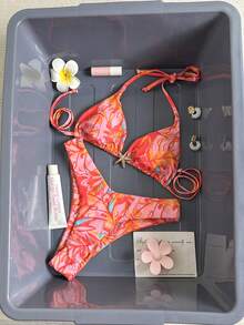 Swim Mod 女士随机印花挂脖金属装饰高衩比基尼套装，春夏款 - 彩色 - 查看 3