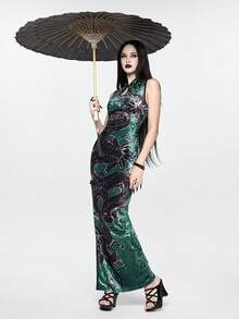 ROMWE Goth Đầm dài kiểu Trung Quốc mới, họa tiết rắn và bướm, chất liệu nhung, dành cho nữ. - Màu xanh lá cây đậm - Xem 7