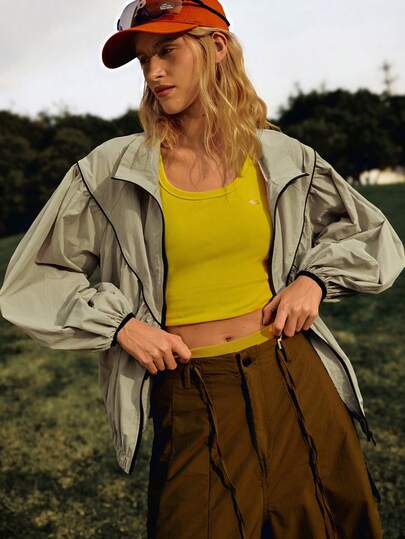 Medorelle Women's Casual Outdoor Commuting Zip-Up Jacket With Ruffle Lantern Sleeves, Spring/Autumn