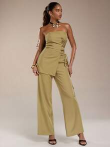 Normani 女士纯色抹胸设计休闲日常连体裤 - 芥末黃 - 查看 2