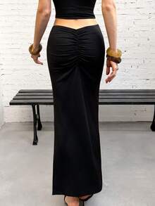 FavEase Women's Casual Commuter Knit Elastic Waist Slit Skirt, Slimming Fit, Solid Black, Minimalist Fashion, Spring/Summer New - Black - View 2