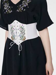 ROMWE Goth 一件式女士花卉草蛇蛾图案装饰深色皮革材质深色六角腰束腰带连衣裙配饰日常百搭万圣节配饰 - 白色皮革 - 查看 5