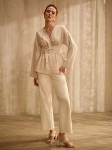 MOTF PREMIUM ELEGANT HIGH-END DESIGN ADJUSTABLE BUCKLE CINCHED WAIST V-NECK LONG SLEEVE LINEN BLOUSE - Apricot - View 5