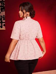 Elenzga 大码女式V领褶皱休闲百搭日常短袖衬衫 - 粉色 - 查看 2