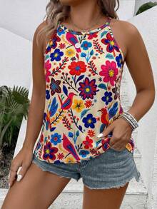 SHEIN VCAY CURVE Women's Plus Size Floral Print Sleeveless Round Neck Tank Top & Camisole - Multicolor - View 4